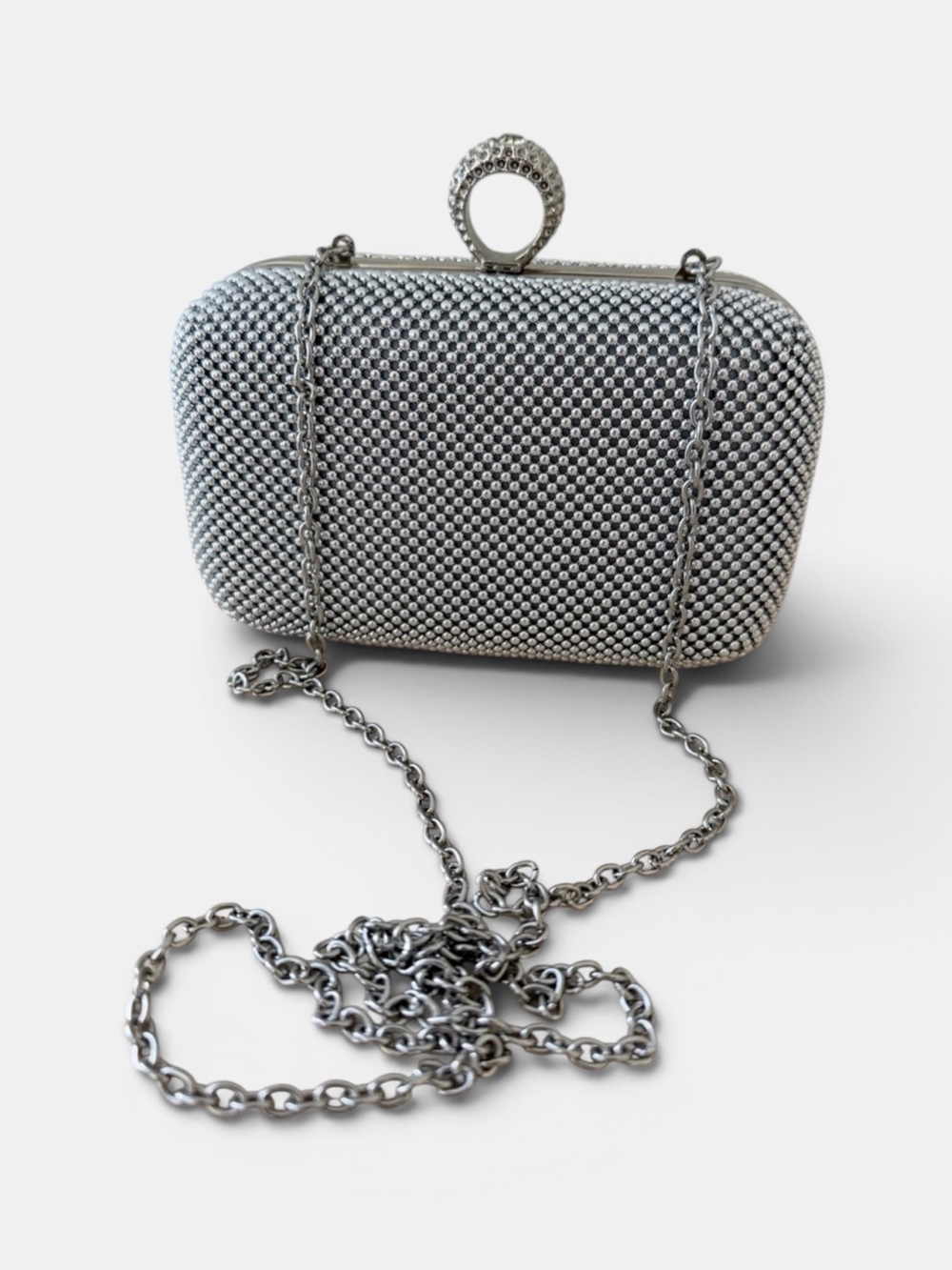 Jessica McClintock Silver Mesh Box Clutch Rhinestone Ring Clasp Bag⁠